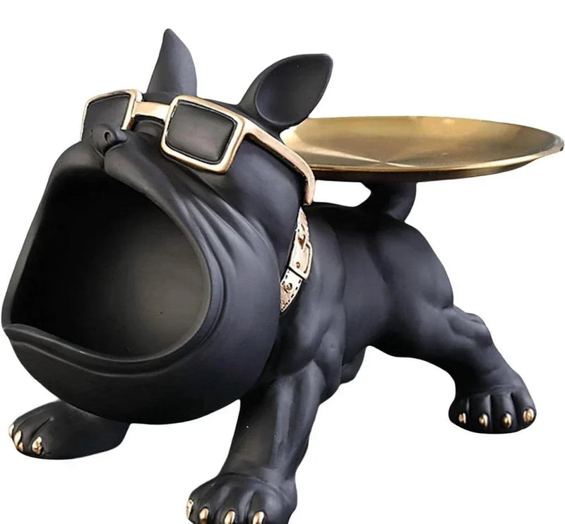 Escultura Decorativa de Cachorro Bulldog com Bandeja
